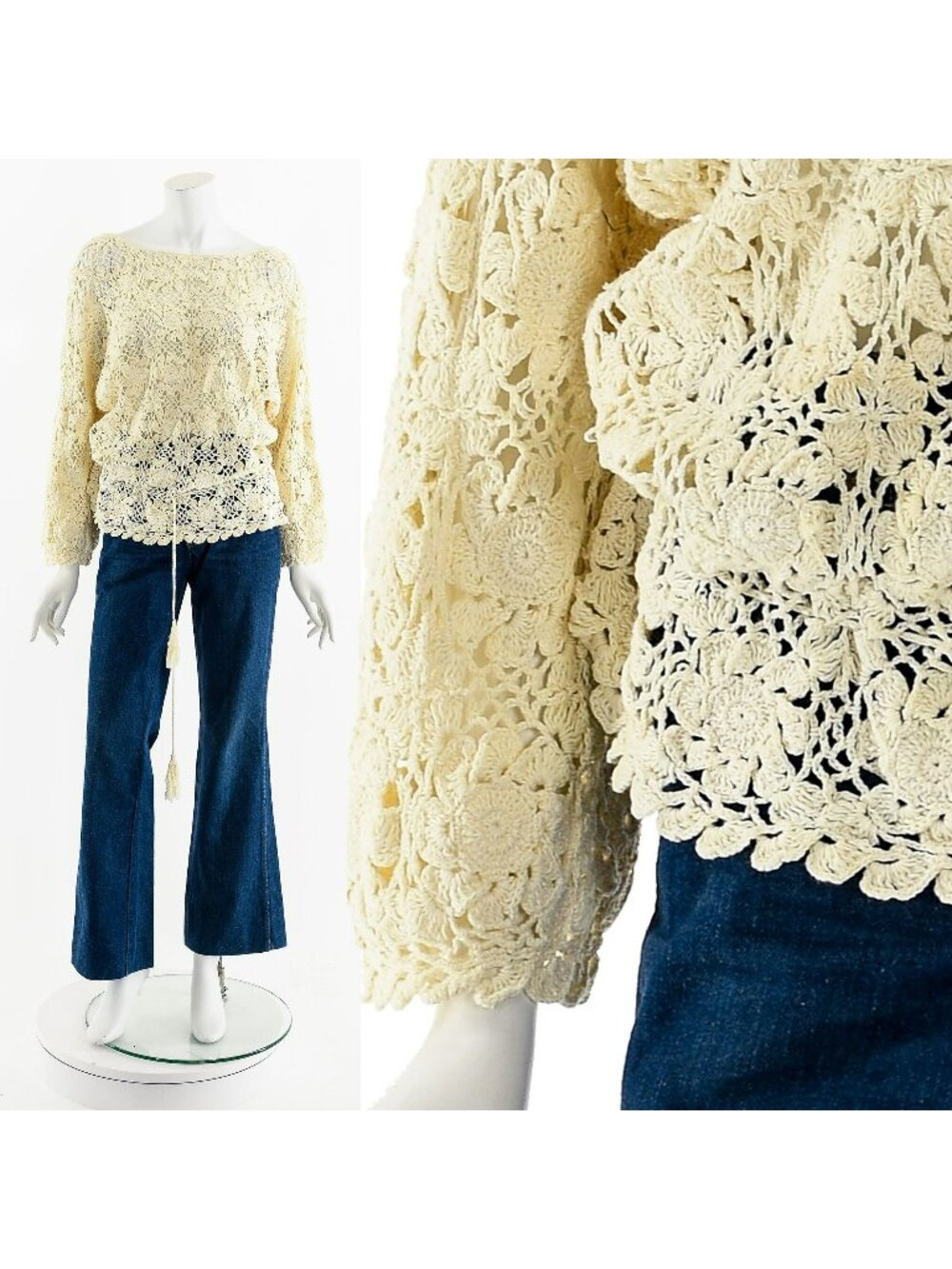 Hand Crochet Long Sleeve Top Lace Doily Bohemian Top 60s